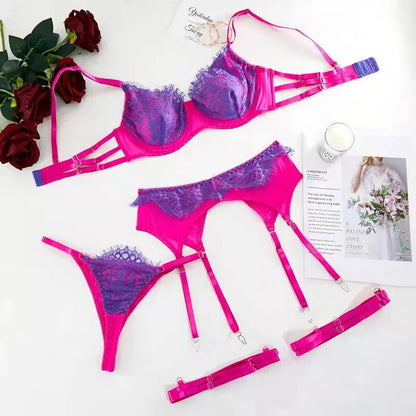 3-teiliges Kontrastfarbenes Spitzen-Erotik-Set mit Farbpatchwork und Sexy Push-Up BH Velure Intimates