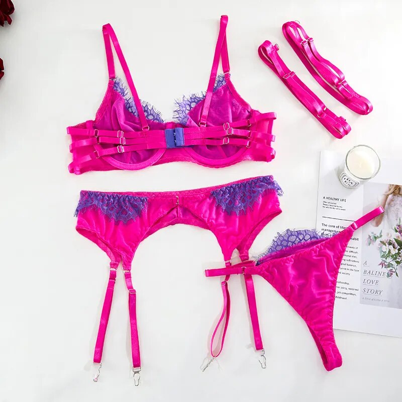 3-teiliges Kontrastfarbenes Spitzen-Erotik-Set mit Farbpatchwork und Sexy Push-Up BH Velure Intimates