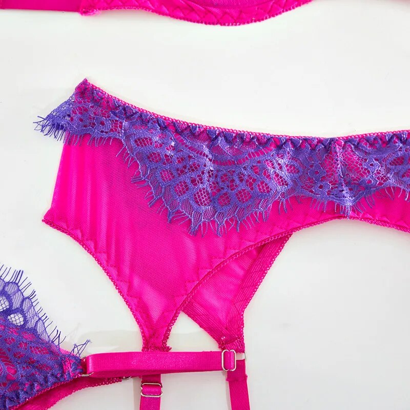 3-teiliges Kontrastfarbenes Spitzen-Erotik-Set mit Farbpatchwork und Sexy Push-Up BH Velure Intimates