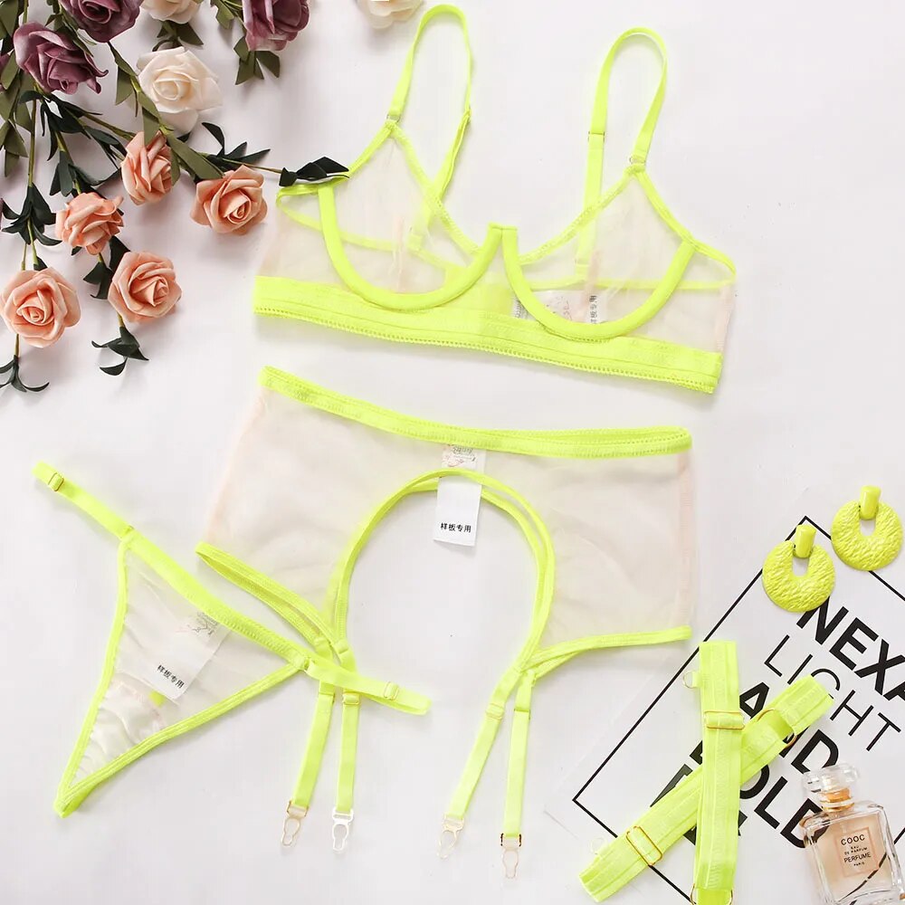 3-teiliges Neonfarbenes Mesh-Lingerie-Set mit Transparentem Sexy Exotischem Set, String und Strumpfband-Set Velure Intimates