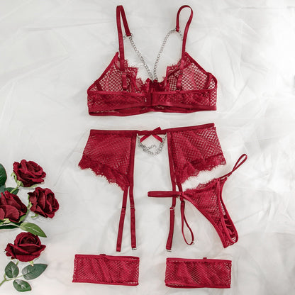 3-teiliges Spitzen-BH-Set mit Mesh-Patchwork und Kettendetail in 12 Farben Velure Intimates