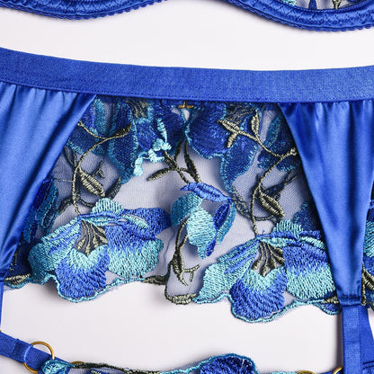 3-teiliges Spitzen-BH-Set mit Stickerei und blauem Patchwork Velure Intimates