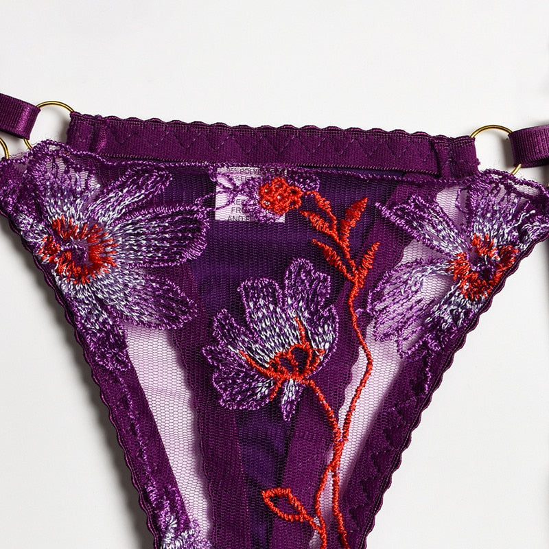 3-teiliges Spitzen-BH-Set mit Stickerei und blauem Patchwork Velure Intimates