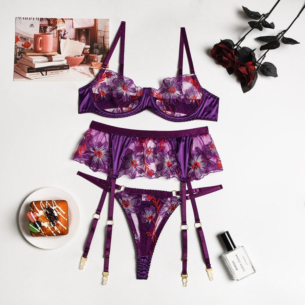 3-teiliges Spitzen-BH-Set mit Stickerei und blauem Patchwork Velure Intimates