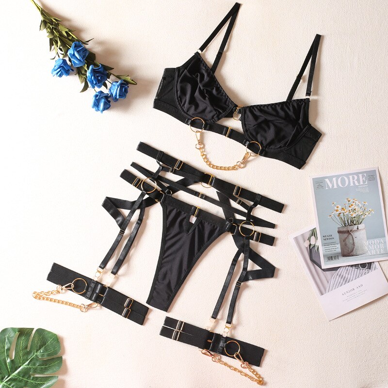 3-teiliges gepolstertes Dessous-Set im Gothic-Stil mit Kettendetails Velure Intimates