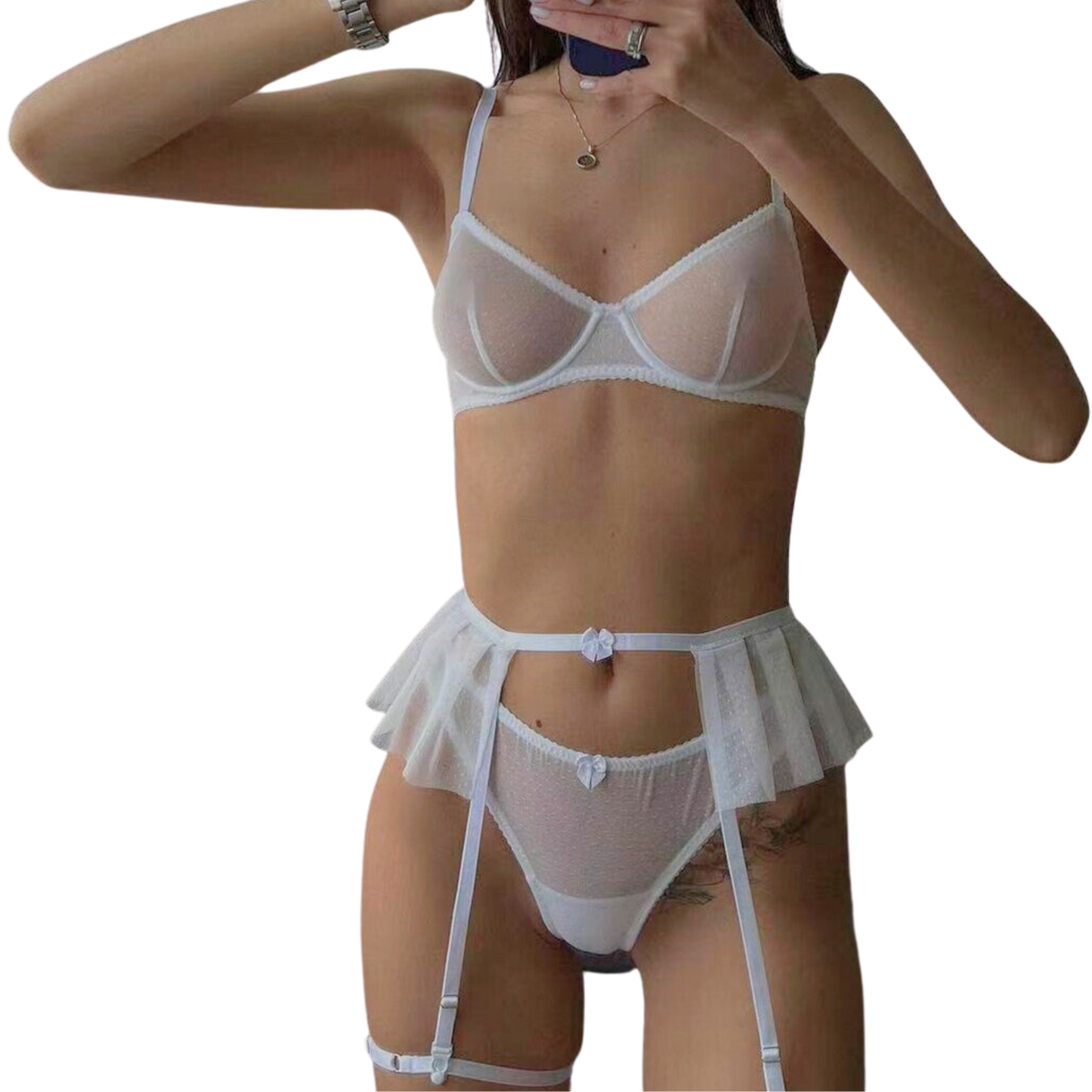 3 Piece Bridal Transparent Underwear Set for Women Bow Detail Fairy Mesh Sexy Lingerie Set with Briefs