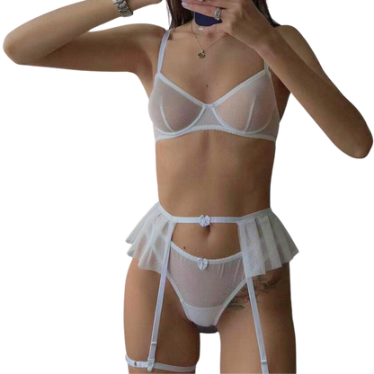 3 Piece Bridal Transparent Underwear Set for Women Bow Detail Fairy Mesh Sexy Lingerie Set with Briefs