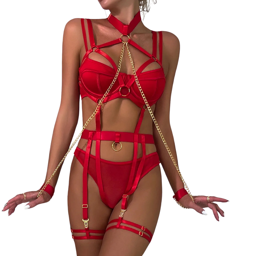 3-teiliges Kette Flirtendes Sexy Lingerie-Set, Schwarzes Bandage Ausgeschnittenes Erotisches Set, Damen Slip Strumpfband-Set