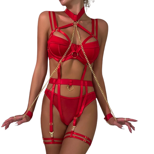 3-teiliges Kette Flirtendes Sexy Lingerie-Set, Schwarzes Bandage Ausgeschnittenes Erotisches Set, Damen Slip Strumpfband-Set