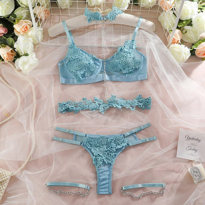 4-teiliges Spitzen-Exotik-Set mit Kette, Sexy Lingerie-Set in 8 Farben, Floraler Halsreif, Slip und Strumpfband-Set Velure Intimates