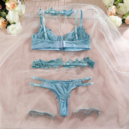 4-teiliges Spitzen-Exotik-Set mit Kette, Sexy Lingerie-Set in 8 Farben, Floraler Halsreif, Slip und Strumpfband-Set Velure Intimates