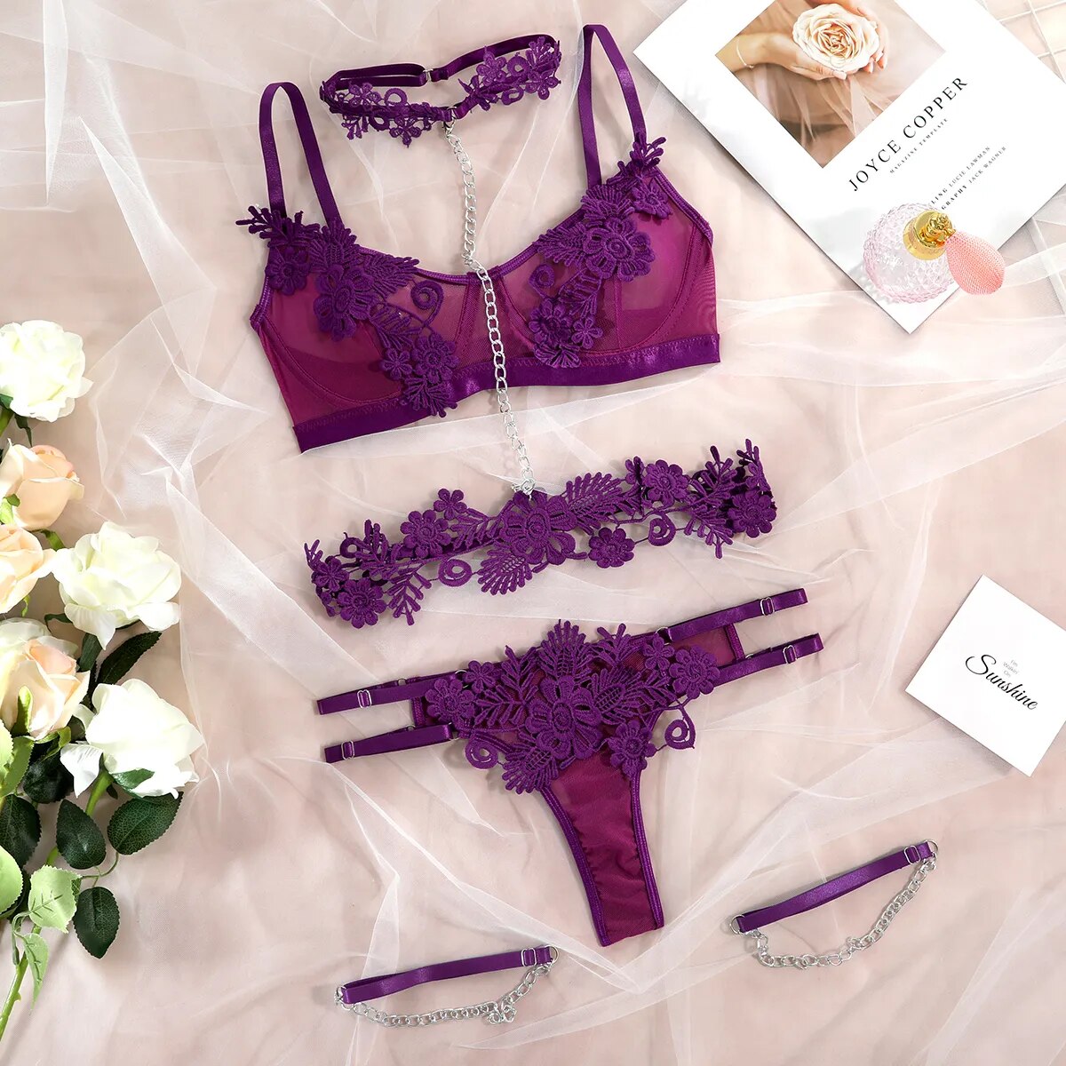 4-teiliges Spitzen-Exotik-Set mit Kette, Sexy Lingerie-Set in 8 Farben, Floraler Halsreif, Slip und Strumpfband-Set Velure Intimates