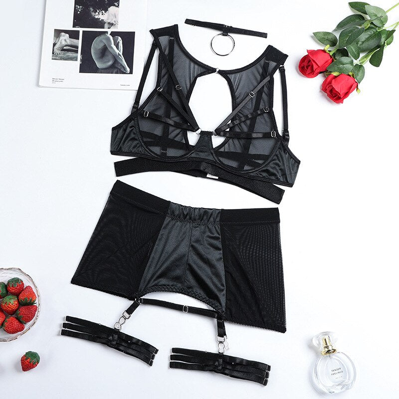 5-teiliges Gothic Dessous-Set in Schwarz/Rot mit Mesh und Choker Velure Intimates