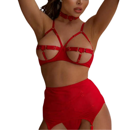 5-teiliges Bandage-Lingerie-Set für Damen, Rotes Exotisches Set, Phantasievolles Transparentes Mesh, Sexy Strumpfband-Set