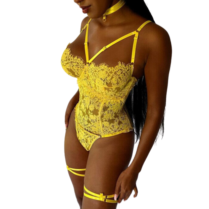 Ensemble de lingerie en dentelle transparente 5 pièces pour femmes : tour de cou, slip dos nu, ensemble de sous-vêtements