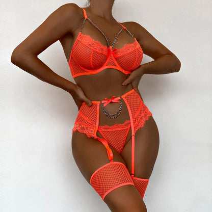 Ensemble de lingerie en dentelle 4 pièces pour femmes, ensemble exotique sexy 12 couleurs, chaîne, nœud, jarretière fantaisie et slip