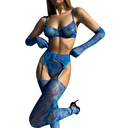 Tie Dye Print Lingerie - 5 piece erotic ensemble with garter, gloves and stockings