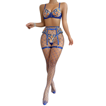 Floral Embroidery Erotic Lingerie for Women: Stockings Sexy Underwear Set with Imaginative Sensual Garter Kit