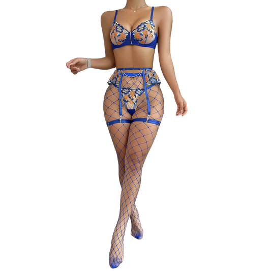 Floral Embroidery Erotic Lingerie for Women: Stockings Sexy Underwear Set with Imaginative Sensual Garter Kit