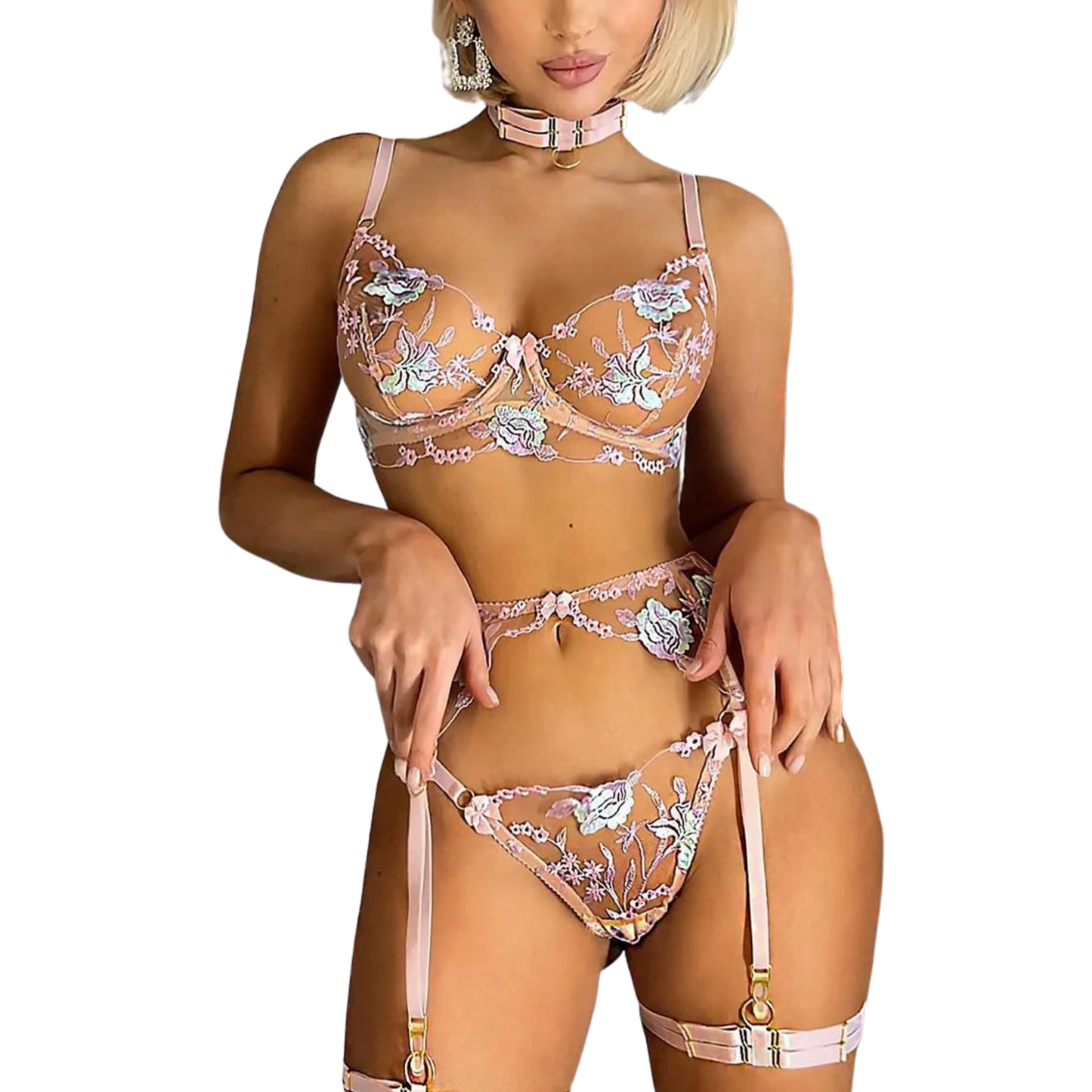 Florales Stickerei-Lingerie-Set für Damen, 5-teilig, Sexy Erotisches Transparentes BH + Höschen Unterwäsche-Set, Sinnliches Strumpfband-Set