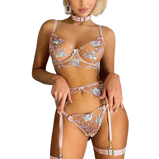 Florales Stickerei-Lingerie-Set für Damen, 5-teilig, Sexy Erotisches Transparentes BH + Höschen Unterwäsche-Set, Sinnliches Strumpfband-Set