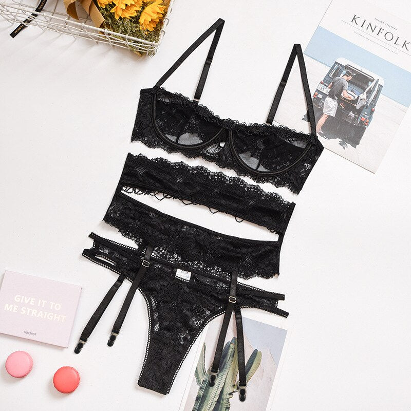 3 Piece Lingerie Set for Women Transparent Sexy Bra Set 2020 Women Lace Lingerie Intimates Underwear Set