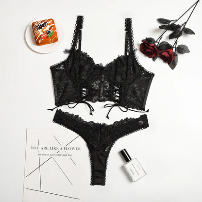 2-teiliges Spitzen-BH-Set für Damen, Spaghetti-Träger-Top mit Bügel + Höschen Unterwäsche-Set, Weißes Sexy Lingerie-Set