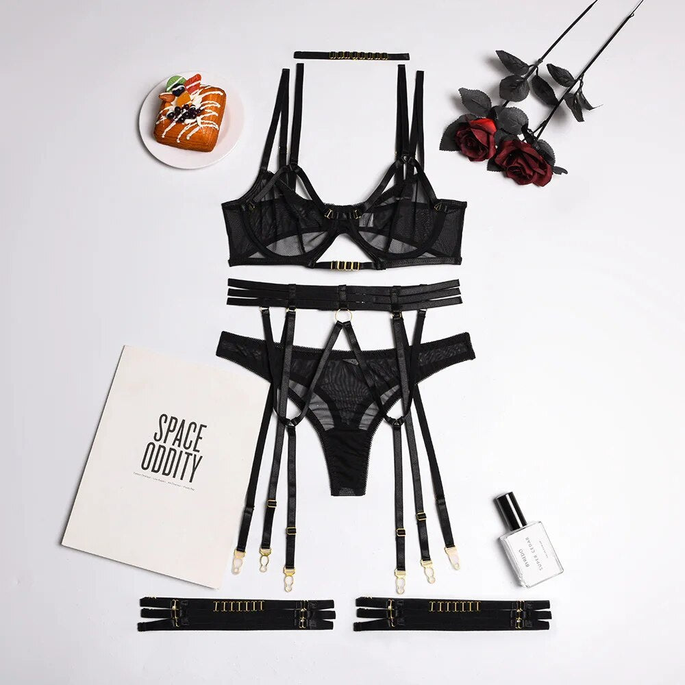 4-teiliges Mesh-BH-Set für Damen, 4 Farben, Transparentes Bandage-Höschen Unterwäsche-Set 2022, Damen Sexy Lingerie-Set