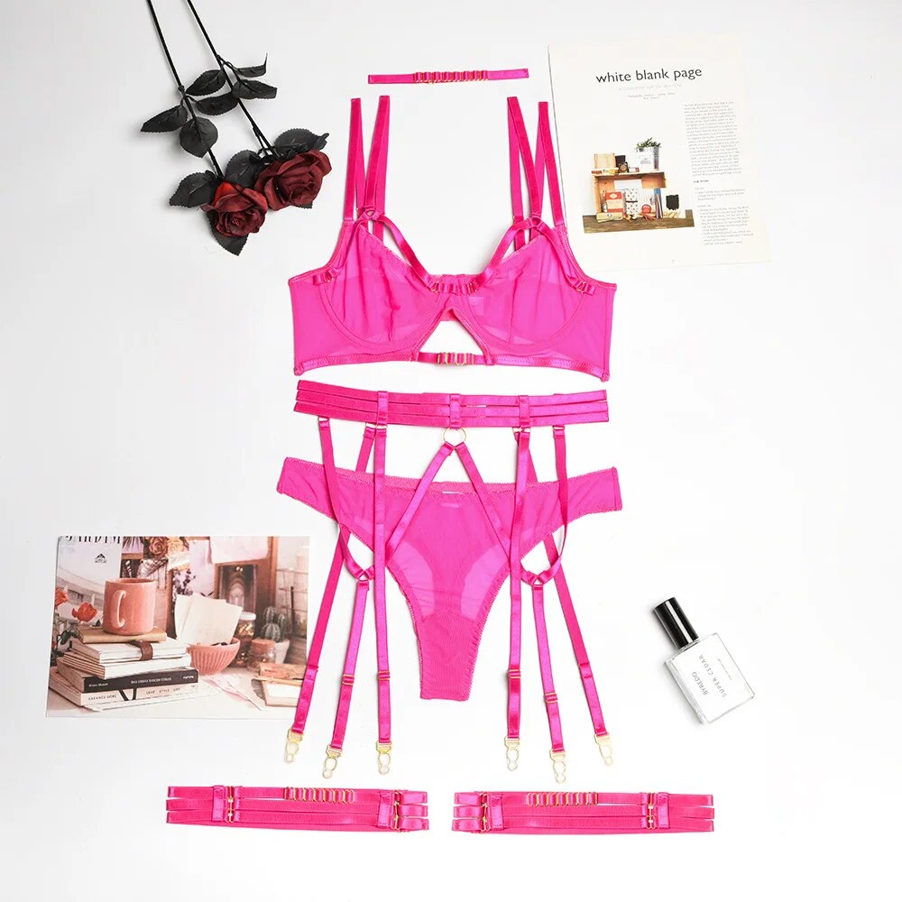 4-teiliges Mesh-BH-Set für Damen, 4 Farben, Transparentes Bandage-Höschen Unterwäsche-Set 2022, Damen Sexy Lingerie-Set