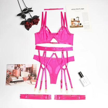 4-teiliges Mesh-BH-Set für Damen, 4 Farben, Transparentes Bandage-Höschen Unterwäsche-Set 2022, Damen Sexy Lingerie-Set