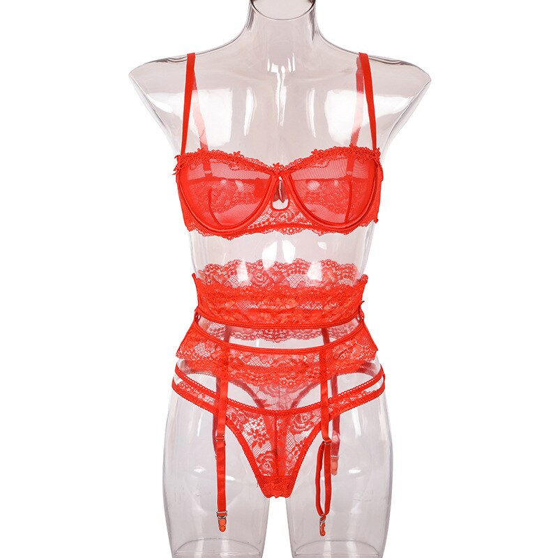 3 Piece Lingerie Set for Women Transparent Sexy Bra Set 2020 Women Lace Lingerie Intimates Underwear Set