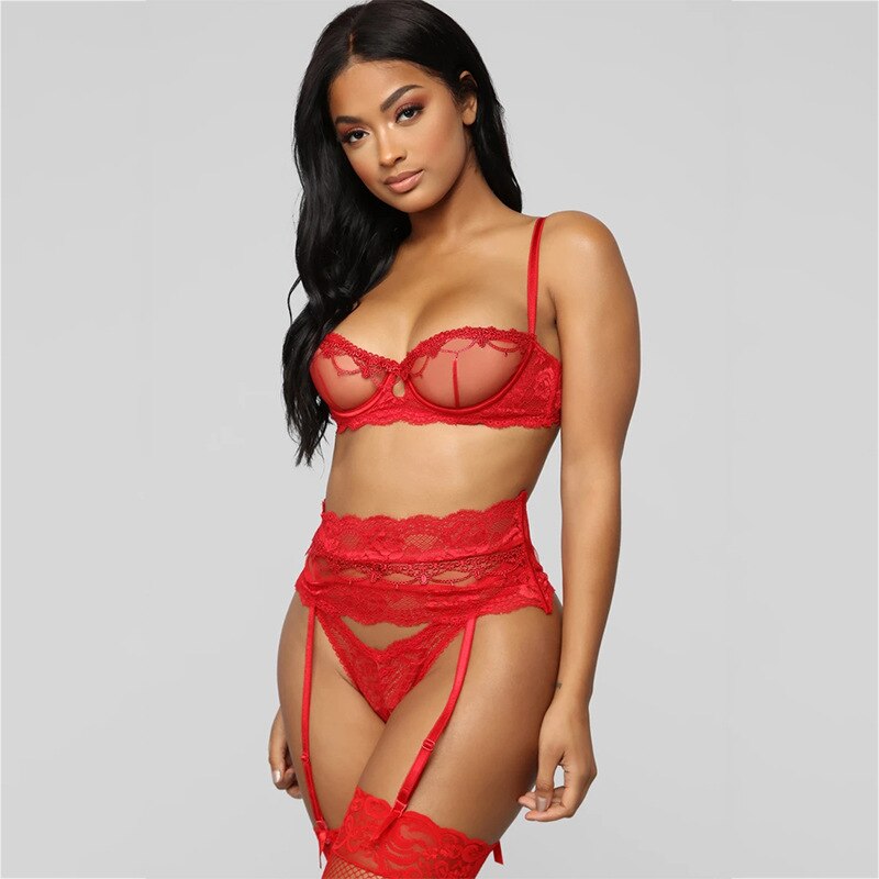 3 Piece Lingerie Set for Women Transparent Sexy Bra Set 2020 Women Lace Lingerie Intimates Underwear Set