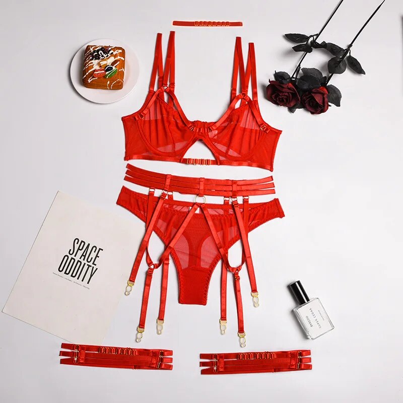 4 Piece Mesh Bra Set for Women 4 Colors Transparent Bandage Panties Underwear Set 2022 Women Sexy Lingerie Set