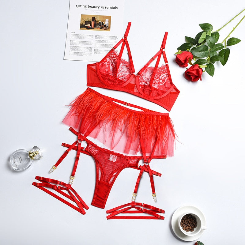 3 Piece Lace Bra Set for Women: Bandage Lingerie Set 3 Colors Sexy Underwire Underwear Set