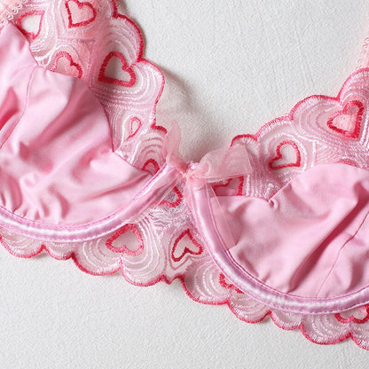 Herz-Stickerei Spitzen-BH-Set in Rosa mit Schleife Velure Intimates