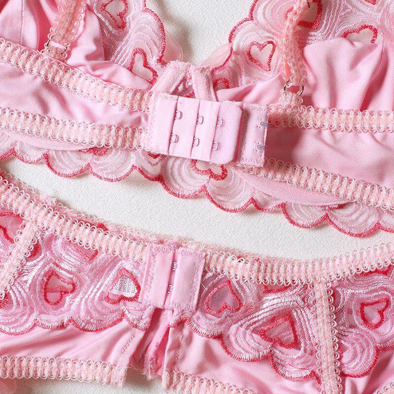 Herz-Stickerei Spitzen-BH-Set in Rosa mit Schleife Velure Intimates