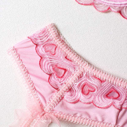 Herz-Stickerei Spitzen-BH-Set in Rosa mit Schleife Velure Intimates