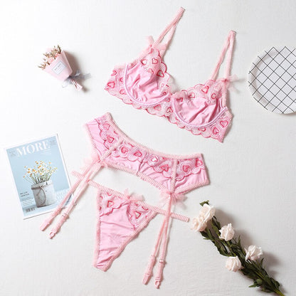 Herz-Stickerei Spitzen-BH-Set in Rosa mit Schleife Velure Intimates