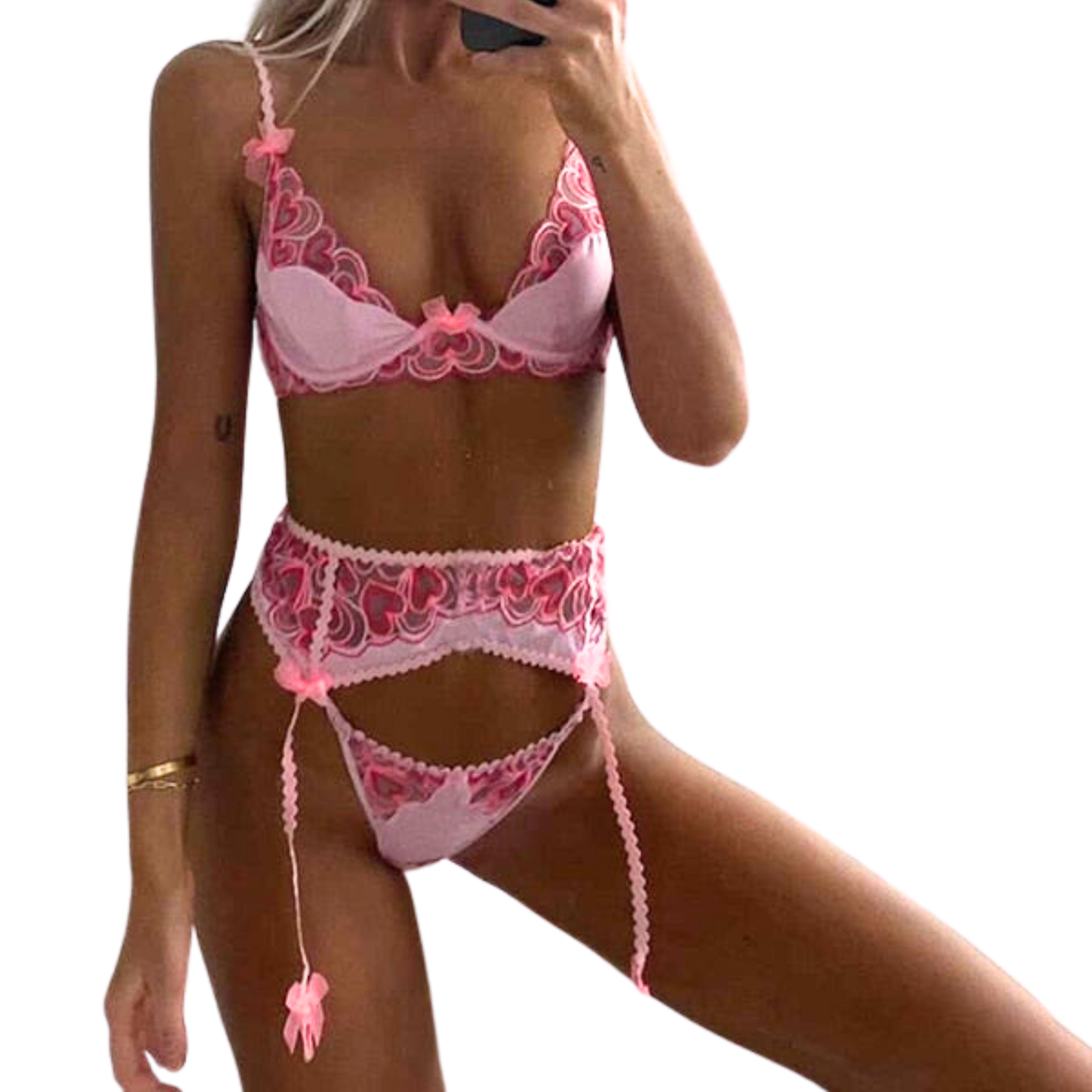 Herz-Stickerei Spitzen-BH-Set in Rosa mit Schleife Velure Intimates