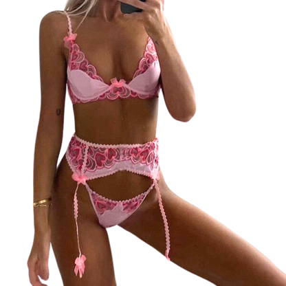 Herz-Stickerei Spitzen-BH-Set in Rosa mit Schleife Velure Intimates