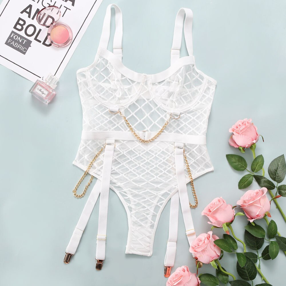 Kettendesign Karo-Transparent-Body mit V-Ausschnitt in 3 Farben Velure Intimates