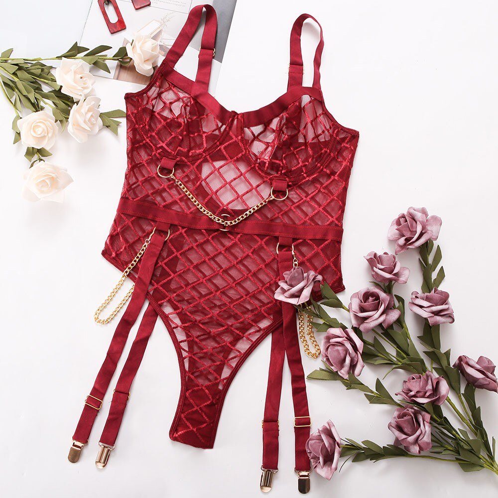 Kettendesign Karo-Transparent-Body mit V-Ausschnitt in 3 Farben Velure Intimates