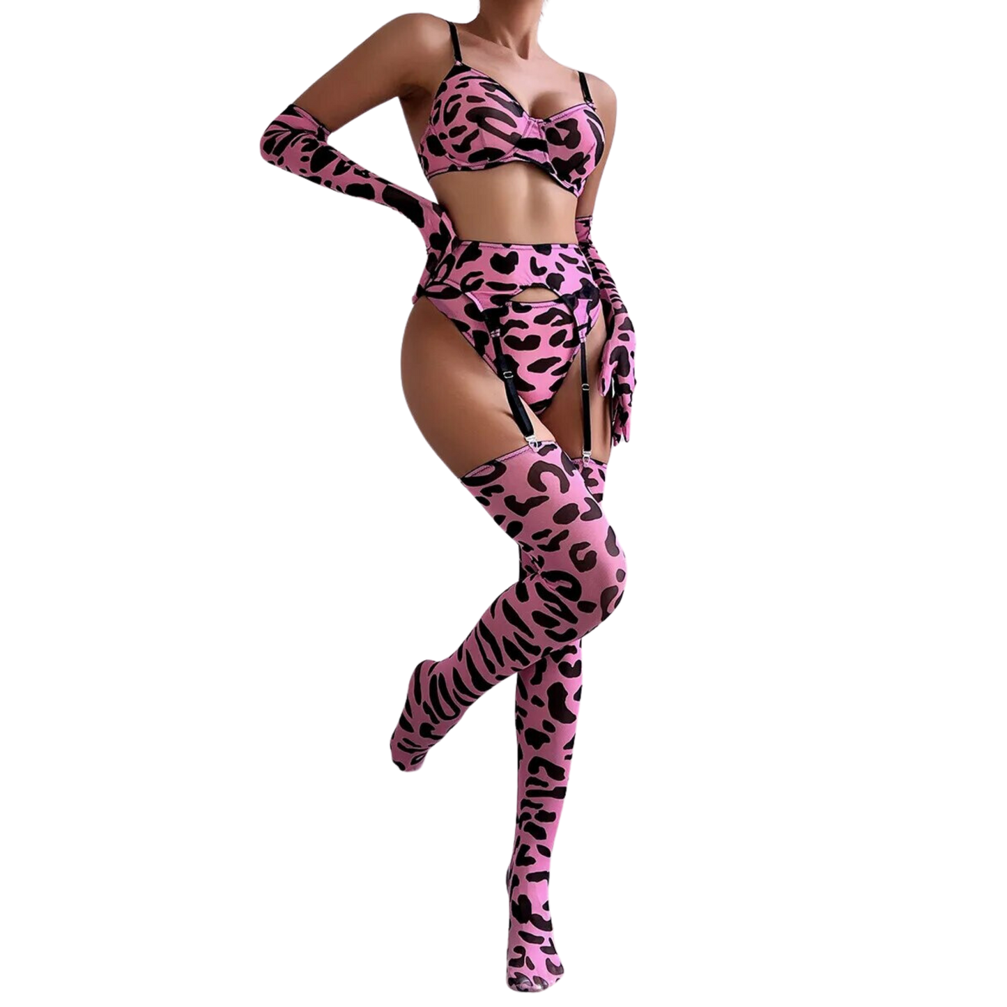 Leopard Print Lingerie Set for Women, 5 Piece Sensual Bra + Panties Underwear Set with Stockings and Gloves, Sexy Erotic Set