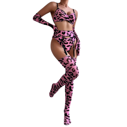 Leopard Print Lingerie Set for Women, 5 Piece Sensual Bra + Panties Underwear Set with Stockings and Gloves, Sexy Erotic Set