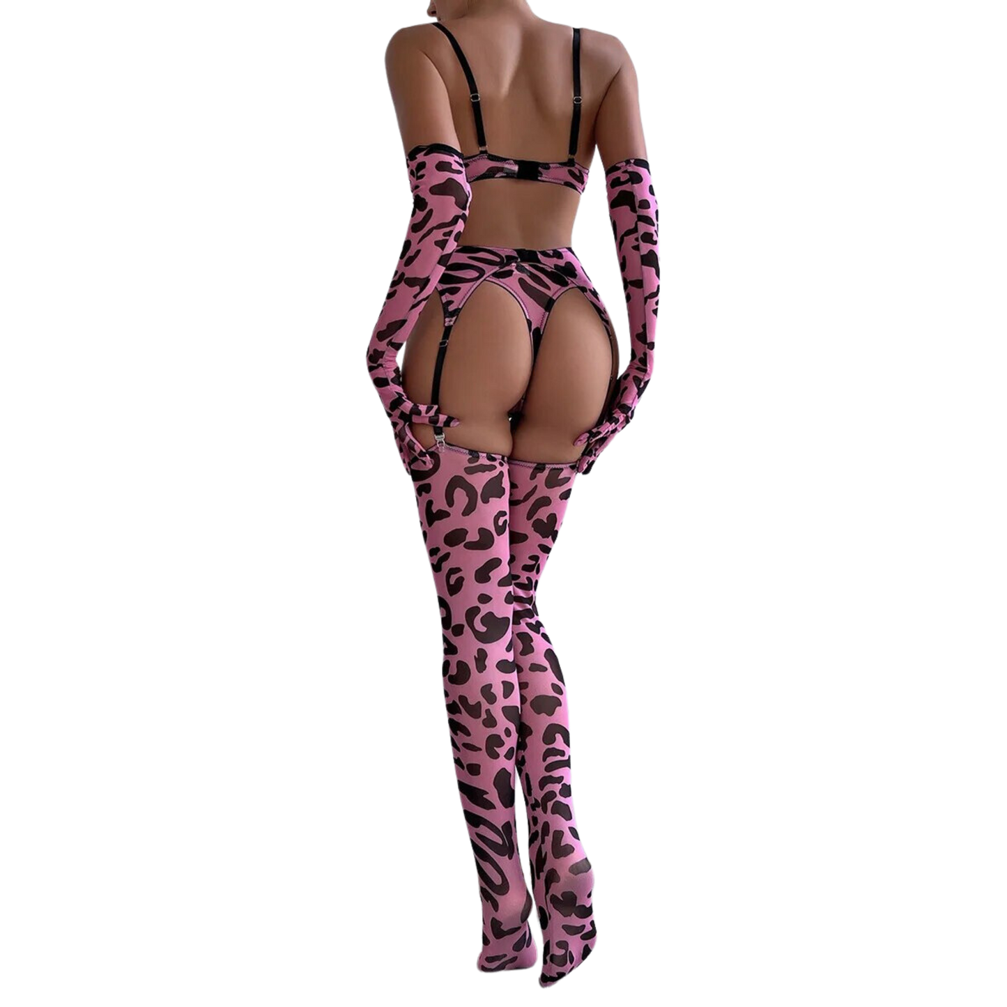 Leopard Print Lingerie Set for Women, 5 Piece Sensual Bra + Panties Underwear Set with Stockings and Gloves, Sexy Erotic Set