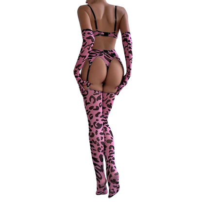 Leopard Print Lingerie Set for Women, 5 Piece Sensual Bra + Panties Underwear Set with Stockings and Gloves, Sexy Erotic Set