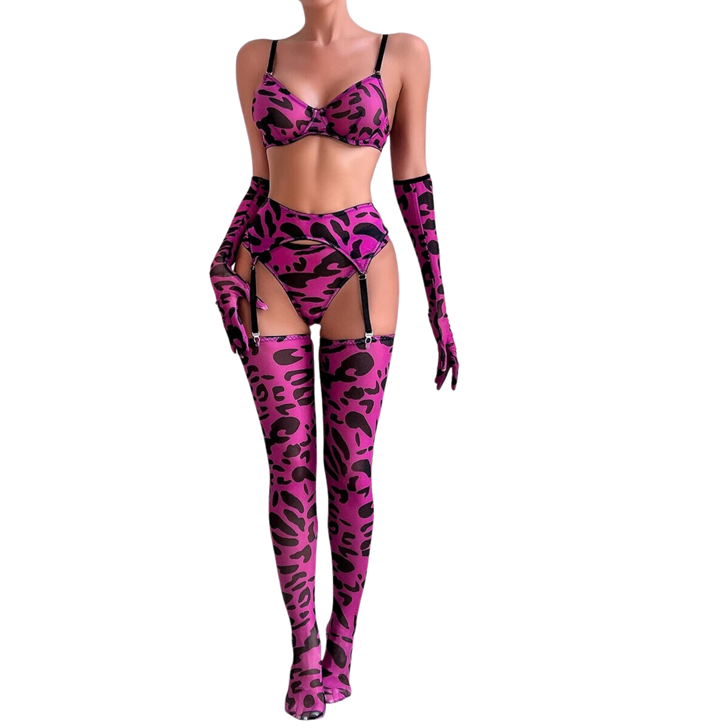 Leopard Print Lingerie Set for Women with Sexy Gloves and Stockings 5 ​​Piece Erotic Bra Underwear Set