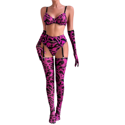 Leopard Print Lingerie Set for Women with Sexy Gloves and Stockings 5 ​​Piece Erotic Bra Underwear Set