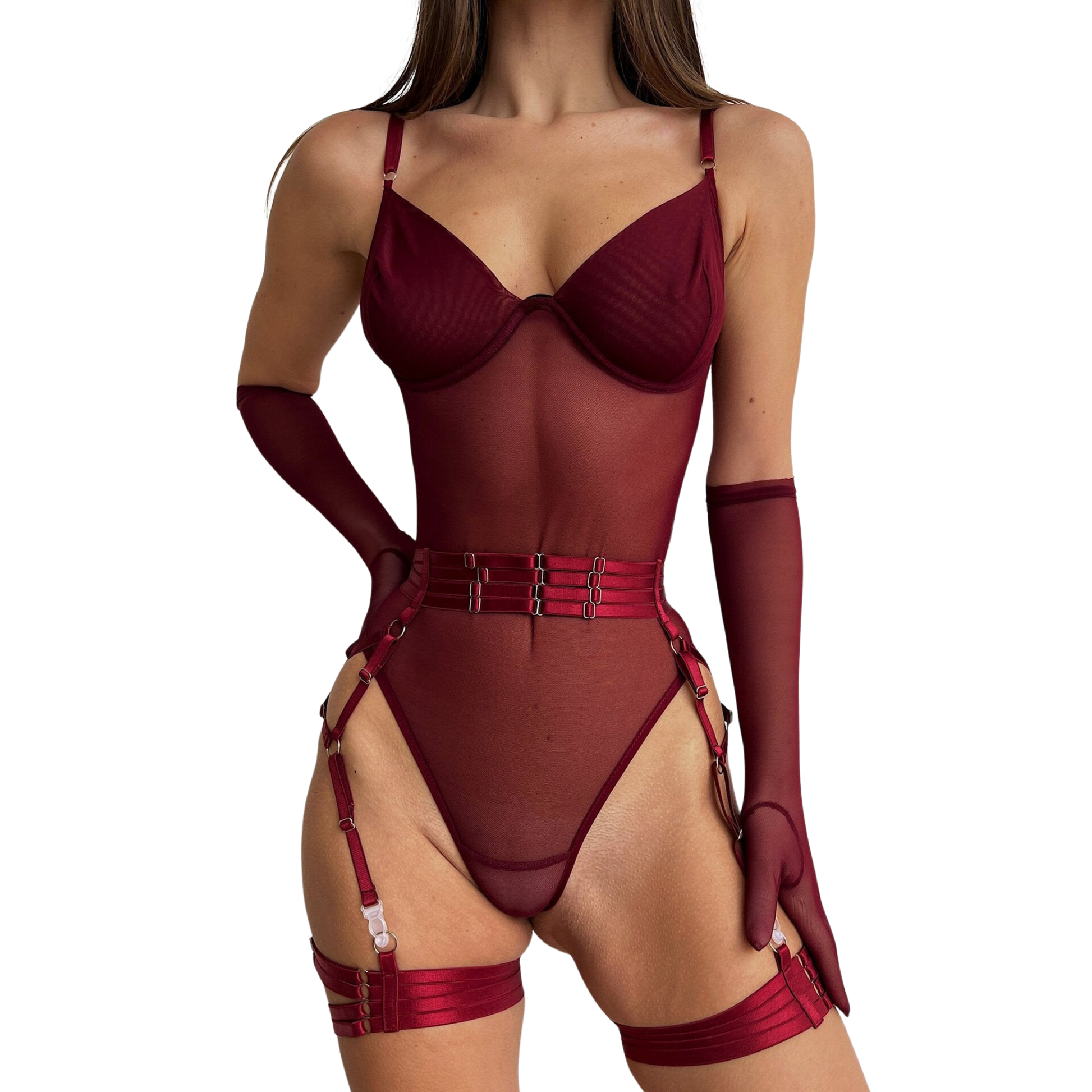 Mesh Bodysuit: Transparenter Vintage-Stil mit V-Ausschnitt - Sexy Einteiler inklusive Handschuhen Velure Intimates