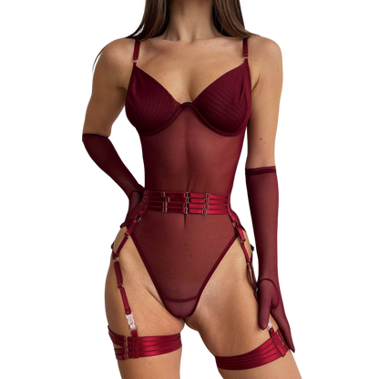 Mesh Bodysuit: Transparenter Vintage-Stil mit V-Ausschnitt - Sexy Einteiler inklusive Handschuhen Velure Intimates